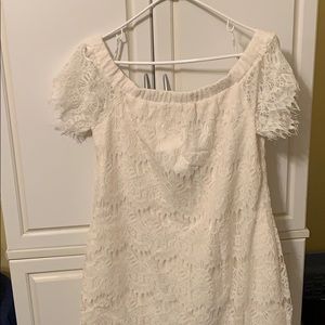 Ivory Lace off shoulder dress.